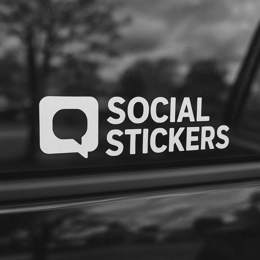 Social Stickers decal on a car window with a blurred outdoor background